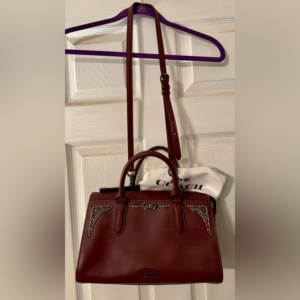 Coach Women's Burgundy Leather Satchel with Crystal Accents And Shoulder Strap
